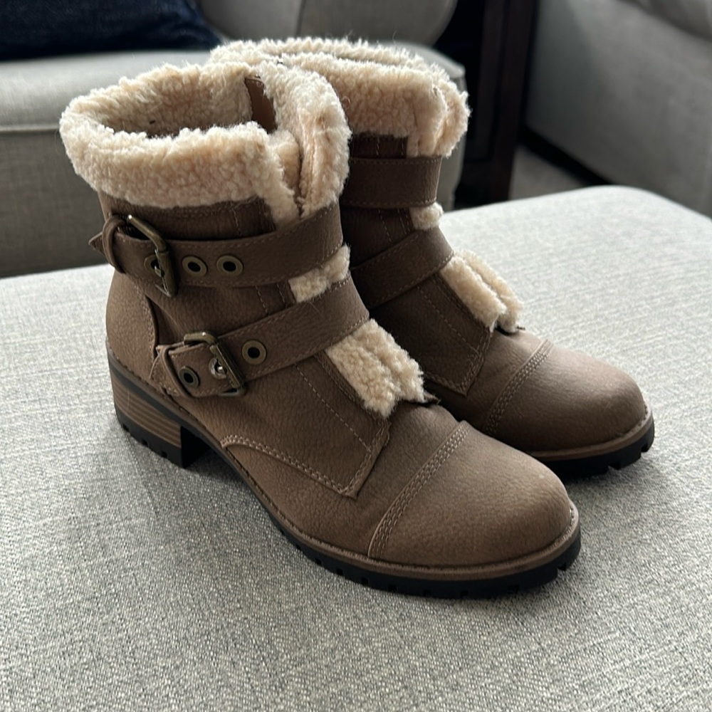 Anne Klein Sport Tan Suede Booties with Fur Detail